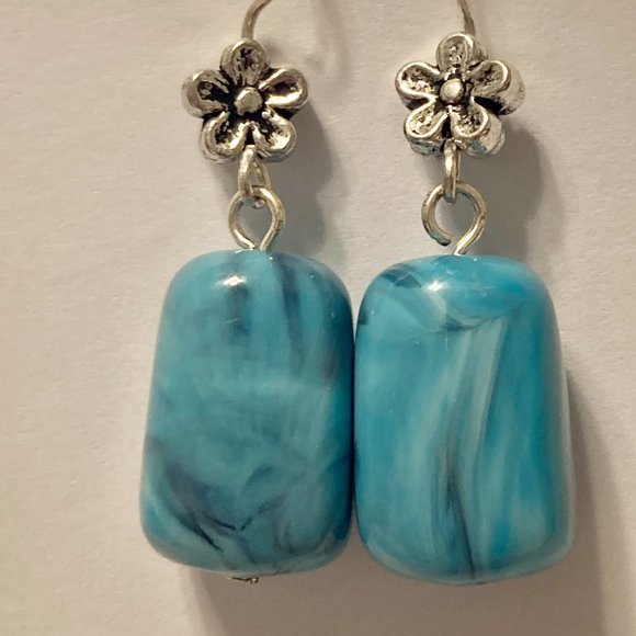 Aqua Turquoise Art Bead Earrings Acrylic Swirl Silver Plated Flowers Boho - Picture 8 of 11